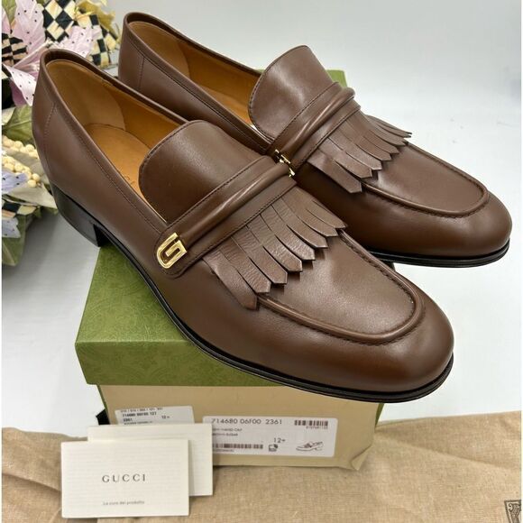 Men’s Gucci fringed leather loafers size 12.5 made in Italy - Picture 1 of 10